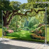 2D Lush Park with Oak Tree and Flower Beds Photography Background 47.2x31.5inch/120*80cm