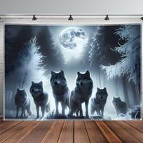 2D Night Wolf Pack Backdrop Full Moon Forest Party Photo Booth Background 47.2x31.5inch/120*80cm