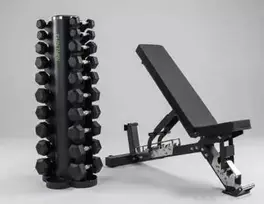 Sportbay 110 kg Hex hanteliai + stovas + RawFitness komercinis suoliukas (Variantai: Hanteliai + stovas)