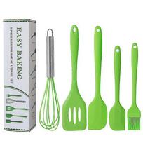 Kitchen Utensils Set, Green 5 Pieces Silicone Spatulas Set - Basting Brushes - Pastry Oil Brush - Egg Beater - Slotted Turner - Silicone Cooking Spatu