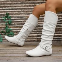 Moteriški platūs vintažiniai batai, įsispiriami su sagties detalėmis iki kelių, europietiško stiliaus apvalaus piršto ankle boots 36 balta