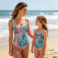 Girls One Piece Swimsuit Hawaiian Leaf Print Round Neck Tank Style Swimwear for Kids Summer Beach Pool 130