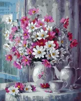 Tapyba pagal skaičius Pastelinių gėlių kompozicija vazose 40 × 50 cm