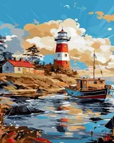 Tapyba pagal skaičius Švyturio ir laivų uosto vaizdas 40 × 50 cm