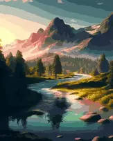 Tapyba pagal skaičius Kalnų upė saulėlydžio metu, 40 × 50 cm