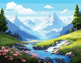 Tapyba pagal skaičius Alpių slėnis su kriokliu, 40 × 50 cm