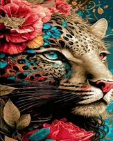 Tapyba pagal skaičius: Leopardas gėlių džiunglėse 40 × 50 cm