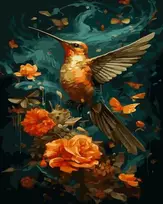 Tapyba pagal skaičius Kolibris ir oranžinės rožės 40 × 50 cm