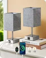 EDISHINE LED stalinė lempa su 2 USB jungtimis, pritemdoma, su pilku lino gaubtu, 4 W, 2 vnt. rinkinys