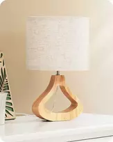 EDISHINE stalinė LED lempa su lino audinio gaubtu ir 4 W E27 lempute, 34 cm aukščio, šviesaus medžio pagrindu