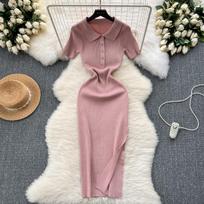 Megztos ilgos suknelės solidžios pavasario vasaros sagos Korėjietiškos mados Seksuali Vestidos Mujer aukštu juosmeniu Elegantiška moteriška suknelė One Size rožinė