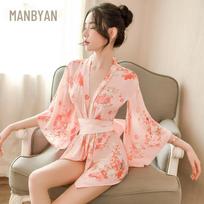 Manyan Women's Japanese-Style Cat Print Kimono Bathrobe Lingerie Set One Size