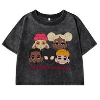 American Street Hip-Hop Printed Womens Washed Tee Shirt Fitness Soft Crop Top Sport Creativity Tees Clothes Cotton T-Shirt M