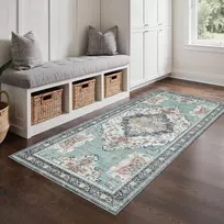 GENIMO kilimas boho stiliaus, plono pynimo, 80 × 150 cm, poliesterio, neslystantis, šviesiai mėlynas