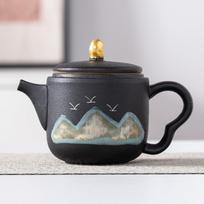 Hand-painted teapot Wanli Mountain River Kung Fu tea set Yuanshan small teapot square handle single pot black pottery tea sea household Guochao