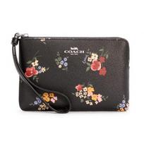 Coach Corner Zip 16 Floral Print Leather Mahjong Wallet Wristlet Clutch Small Women wallet Black 7248-SVA47 Basic Set (Bag+Dust Bag)