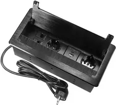 Gniazdo Lizdas Baldų lizdas, įleidžiamas į stalviršį, su plokščiu frezuotu kraštu, apsaugančiu nuo dulkių ir 1,5 m laidu, 2x2P+Z (Schuko), 2xUSB (A+C tipo; 3,6A), 2xNET, juodas