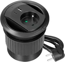 Gniazdo Lizdas Įleidžiamas lizdas su USB įkrovikliu, kabelio sandarikliu ir 1,4 m laidu, 1x2P+Z (prancūziškas), 2xUSB (A+C tipo; PD20W), juodas