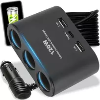 Retoo Rozdzielacz Automobilio cigarečių žiebtuvėlio skirstytuvas, 3 lizdai, 2 USB 12v 24v