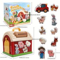 Big Red Take-Along Sorting Barn Toy with Handle, 12M+,10 Farm Play Pieces  , Shape Sorting & Stacking Learning Gift for Toddler raudona