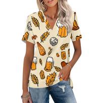 Women Casual V Neck Short Sleeve Oktoberfest Print Polo Shirt Lightweight Summer Top Relaxed Fit Blouse for Everyday Wear L chaki