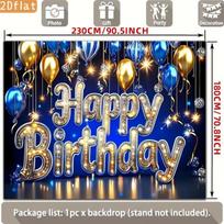 2D Blue Gold Balloon Birthday Backdrop with Marquee Letters for Photo Booth 47.2x31.5inch/120*80cm