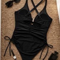 Solid Color Hollow Out One Piece Drawstring Slim Fit Sexy Bikini Swimsuit Women Fashion Beach Vacation Elegant Wear S