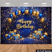2D Happy Birthday Blue Gold Sparkle Balloon Backdrop Banner Party Photo Background 47.2x31.5inch/120*80cm