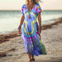 Women's Bohemian Maxi Dress Summer V-Neck Short Sleeve Floral Print Casual Loose Beach Sundress for Vacation L mėlyna