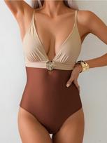 Color Block Nylon One Piece Sexy Hollow Out Slim Fit Bikini Swimsuit Women Fashion Elegant Beach Vacation Bathing Suit S