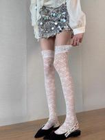 Girl's Vintage Floral Lace Thigh High Socks Jacquard Ruffle Mesh Over The Knee Socks Women Black White Frilled Stockings Sock One Size balta