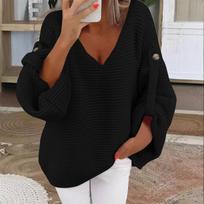 Women's Oversized V-Neck Knitted Sweater Cozy Long Sleeve Pullover with Button Detail for Casual Wear L juoda