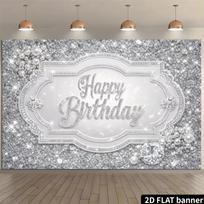2D Silver Glitter Diamond Happy Birthday Backdrop Banner Party Photography Background 47.2x31.5inch/120*80cm