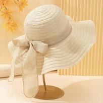 Wide Brim Floppy Straw Hat with Decorative Bow Lightweight Foldable Sun Protection Cap for Women Outdoor Travel Beach One Size smėlis