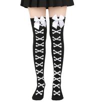 Women's Skull Crossbone Thigh High Socks with Bow, Gothic Over-the-Knee Stockings for Cosplay L juoda