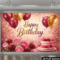 2D Gold Glitter Happy Birthday Backdrop Cake & Balloon Party Decor Banner 47.2x31.5inch/120*80cm