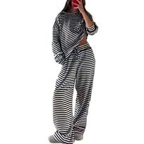 Women’s Long Sleeve Striped Pajama Set Soft Knit Loose Fit Pullover Top and Drawstring Pants Loungewear Sleepwear L juoda