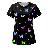 Ladies Fashion V Neck Short Sleeve Nurse Top Butterfly Print Medical Scrub Shirt Workwear Uniform for Healthcare Professionals L juoda