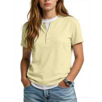 Women’s Short Sleeve Henley T Shirt Casual Loose Fit Button Down Crew Neck Soft Cotton Top for Everyday Wear L smėlis