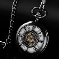PJX1612 Vintage Black Hollowed-Out Mechanical Manual Pocket Watch Gold Roman Digital Skull Dial Pendant Automatic Antique Clock juoda
