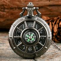 Vintage Black Compass Design Quartz Pocket Watch, With Necklace Pendant, World-Time Feature, Pointer Display Pocket Watch juoda