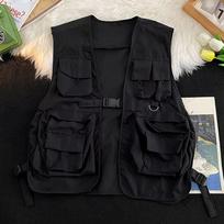Multi Pockets Cargo Waistcoat Solid Color Hip Hop Style Women Men Cargo Waistcoat Sleeveless Loose Buckle Closure Jackets Vests S juoda