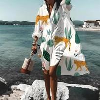 Spring and Summer Fashion Ladies Loose Leisure Long Sleeve Shirt Dress Elegant Ladies Leisure White Print Lapel Single Breasted Dress L
