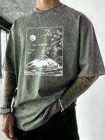 Cherry Blossoms In Mount Fuji Print Men Washed T Shirt Casual Vacation TShirt Breathable Loose Clothes Unisex Cotton Summer Top S