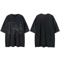 Streetwear Retro Washed Black Tshirt Castle Graphic Vintage Print Hip Hop Loose T Shirt Men Cotton TShirt Hipster Tops Tee S