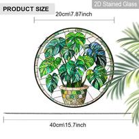 2D Flat Stained Glass Green Plant Monstera Deliciosa Window Decoration Colored Glass Plate, 7.87inches Hanging Ornament with Chain, Charming Spring 7.87inch
