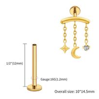 Right Grand ASTM F136 Titanium Hidden Helix Chain Earring 16G Dainty Star Moon CZ Dangle Cartilage Stud Piercing Jewelry Earrings&Ears