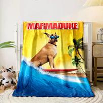 A surfing dog wearing sunglasses against a sunny beach backdrop. for all seasons blanket lunch break throw gift 80cm x 120cm