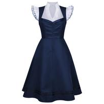 Women Vintage Maid Dress Sleeveless Ruffled Collar Apron Dress Retro Style Full Skirt Dress with Waist Tie for Costume Party XXL mėlyna