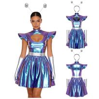 Women‘s Metallic Shiny Alien Astronaut Dress S-3XL: Halloween Cosplay Set with Gloves, Hair Loop & Sexy Cutout Neckline S mėlyna